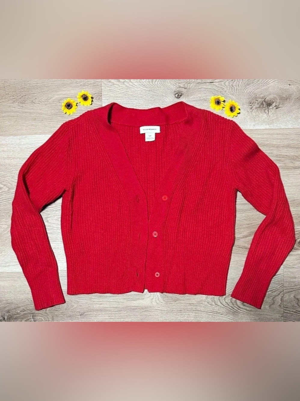 Club Monaco Cardigan Vibrant Red Ribbed V-Neck Size Small